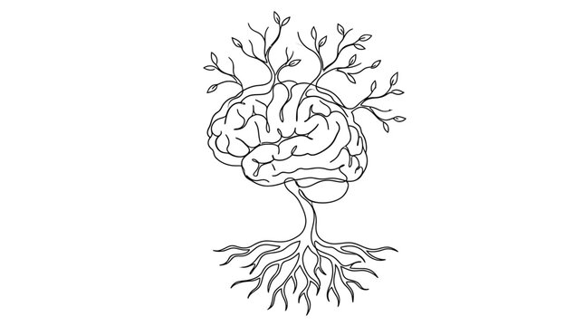 A line art illustration of a human brain growing like a tree with roots.