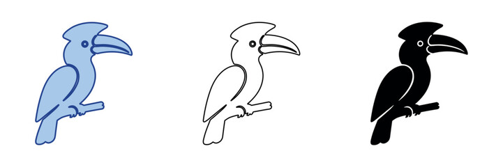 Stylized hornbill bird icons in blue, outline, and silhouette styles © Ophelia