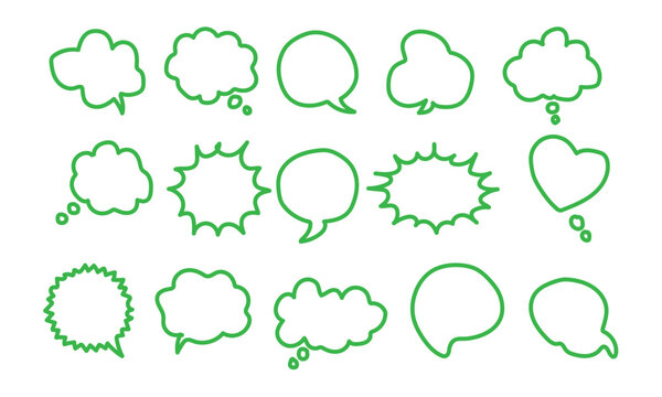 Fresh bright green hand drawn speech frame borders isolated on white background, eco friendly grass green thin line comment containers message boxes chart layout for youth stickers