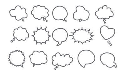 Obraz premium Light grey thin line hand drawn speech bubble contours isolated on white background, neutral minimal outline message text boxes matrix, crisp universal drawing wireframe grids