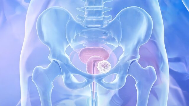 Urology anatomical illustration showing malignant lesions of prostate and bladder cancer, pelvic radiology drawing for clinical oncology diagnosis and early tumor screening research