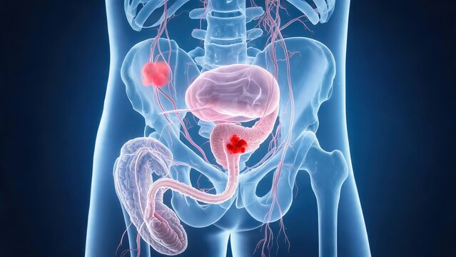 Urology anatomical illustration showing malignant lesions of prostate and bladder cancer, pelvic radiology drawing for clinical oncology diagnosis and early tumor screening research