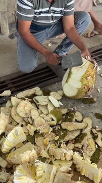 close up of a man cleaning and preparing raw jackfruit pieces for cooking, traditional food prep, local cuisine, rustic kitchen workflow