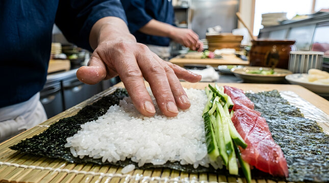 Professional Japanese sushi chef hand carefully preparing a traditional tuna and cucumber maki roll on nori seaweed with white rice using a bamboo mat in an authentic kitchen restaurant close-up