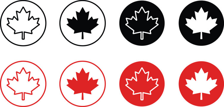 Maple leaf Canada flag icon set. National canadian emblem red and white maple leaves sign