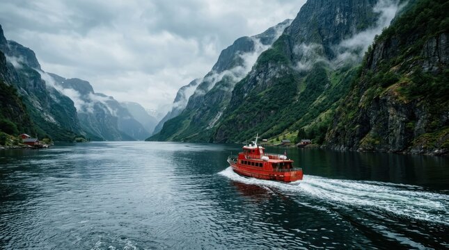 A red boat sails through a serene fjord, surrounded by towering, mist-covered mountains. The scene captures the tranquil beauty of a natural waterway, with the boat as the focal point.