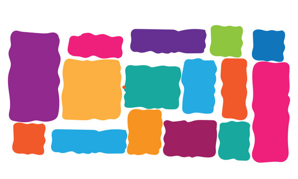 Multicolored playful block label collection isolated on white background, playful soft tones asymmetric message containers box chart, cute lifestyle sticker vector pack