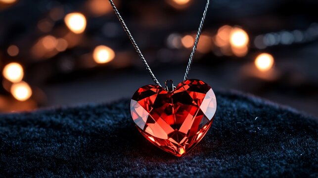Red heart-shaped crystal pendant necklace on dark velvet with bokeh lights.