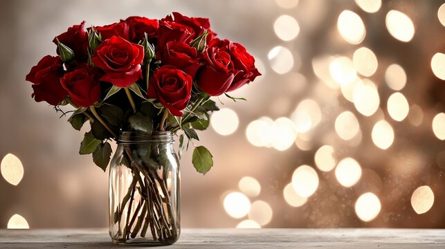 Romantic red roses in a glass jar against a bokeh background.