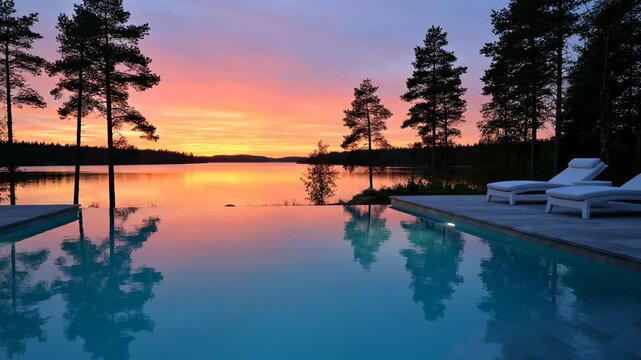 Lakeside infinity pool with vibrant sunset over calm water and trees