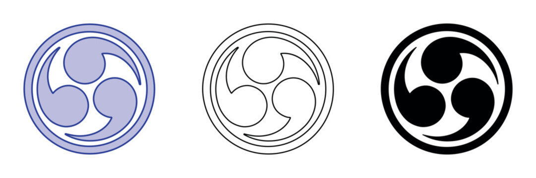 Three stylized Tomoe symbols in different artistic styles: colored, outline, and solid black