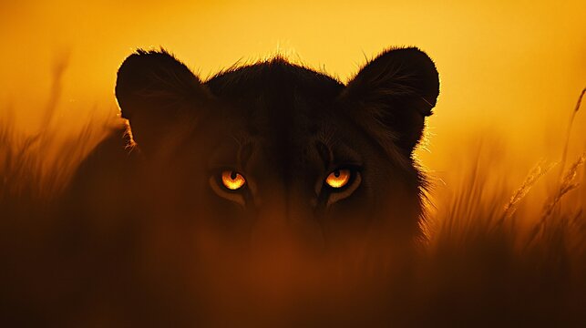 Lioness sunset silhouette, intense eyes,  grass.