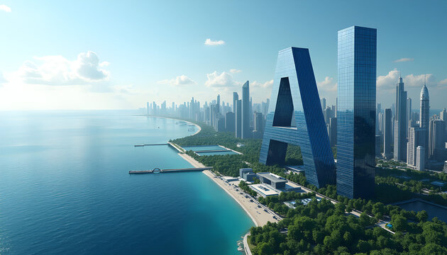 Futuristic coastal metropolis featuring iconic architecture shaped like ai letters overlooking a serene blue ocean on a bright sunny day in a modern city photorealistic raw image	