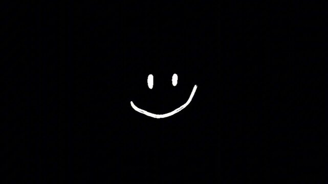 Hand-drawn white smiley face on a stark black background, symbolizing happiness, joy, and positive emotions. This minimalist illustration conveys good vibes and cheerfulness