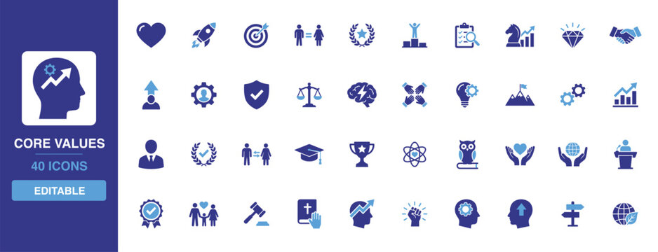 Core Values icon set presenting organizational integrity, ethical principles, corporate mission, teamwork values and brand culture glyph symbols for business guidelines.