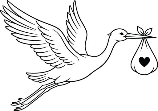 Flying stork bird carrying baby bag with heart