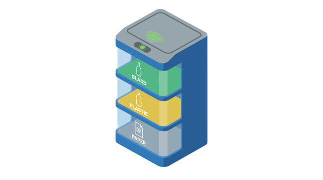Smart recycling bin isometric icon with glass plastic and paper sorting slots for sustainable waste management systems