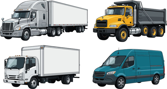 Commercial transport trucks vector illustration pack featuring large semi trailer truck heavy industrial dumper lorry white delivery box truck and cargo van vehicles.