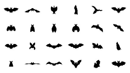 Fototapeta premium Bat Silhouette Set of Multiple Flying Bats in Various Poses, Arranged on a Clean White Background for Icons and Design
