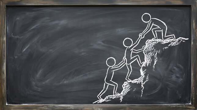 Chalkboard art of stick figures demonstrating teamwork and mutual support ascending a challenging peak