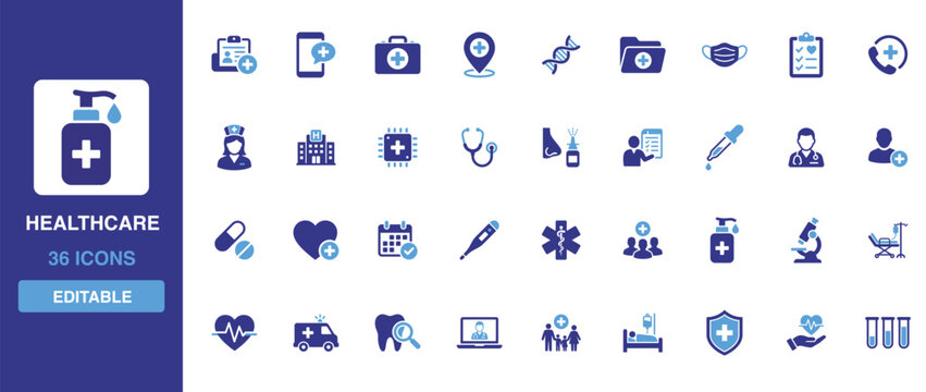 Healthcare icon set featuring medical assistance, clinic diagnostics, emergency dispatch, hospital treatment and patient care glyph symbols for wellness designs.
