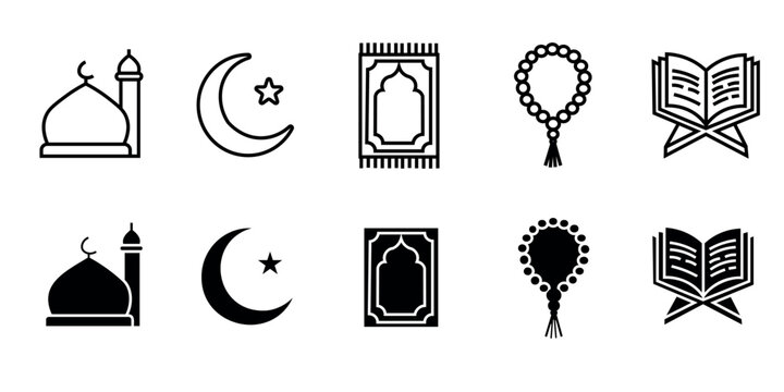 Set of simple islamic icons containing mosque building crescent moon prayer rug prayer beads and quran book on display stand in thin line and solid black styles isolated.