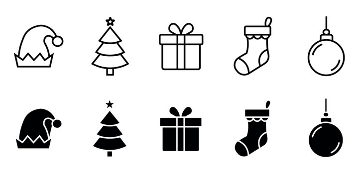 Christmas festive holiday icon collection with elf hat christmas tree gift box stocking and hanging bauble ornament in thin line and solid black styles for winter decor.