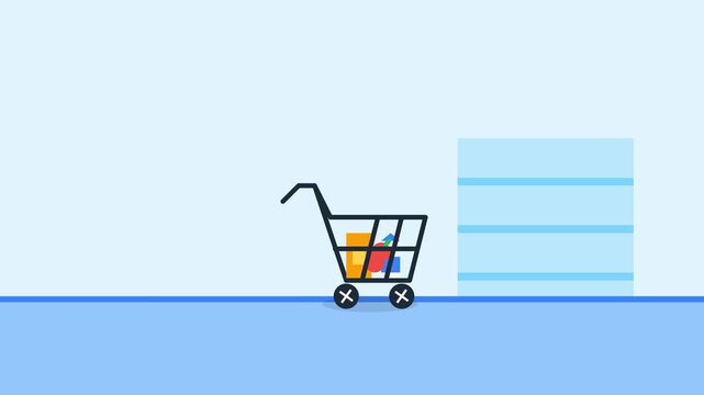 Shopping cart animation moving through a blue grocery aisle
