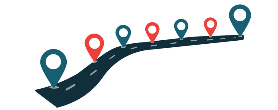 Road map illustration showing curved path with multiple red and blue location markers indicating journey progress points or navigation milestones for logistics concept.