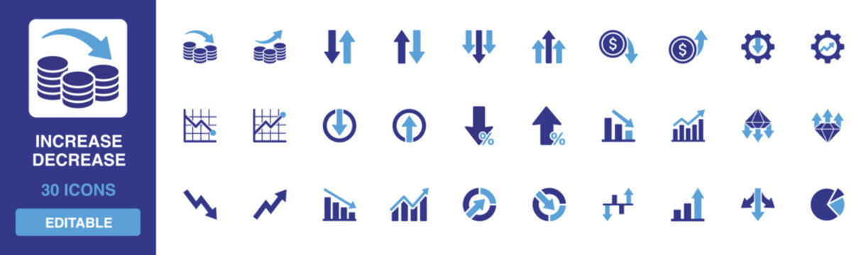 Increase Decrease icon set containing business growth trends, economic decline indicators, financial charts and market value fluctuation glyph designs for reports.