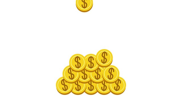 Golden dollar coins stacking into a pyramid on white background