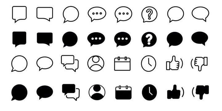 Set of communication interface icons featuring various chat bubbles question marks profile avatars calendar clock and like dislike symbols for web and mobile applications.