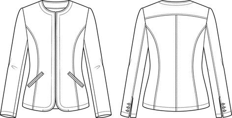 Detailed fashion flat sketch of tailored women’s jacket with round neckline, welt pockets, princess seams, and sleeve cuff buttons © MstRezoara