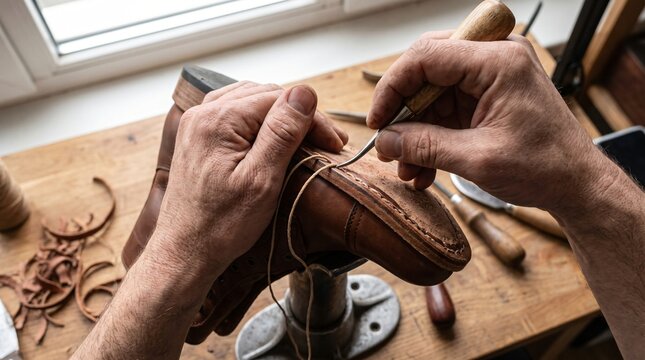Anonymous Hands Hand-Stitching a Leather Shoe Welt Showing Craftsmanship