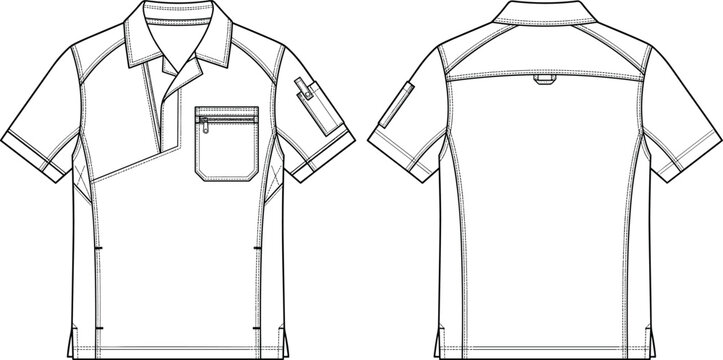 Short sleeve polo shirt technical flat sketch with zipper pocket, sleeve pen holder, and back yoke seam design