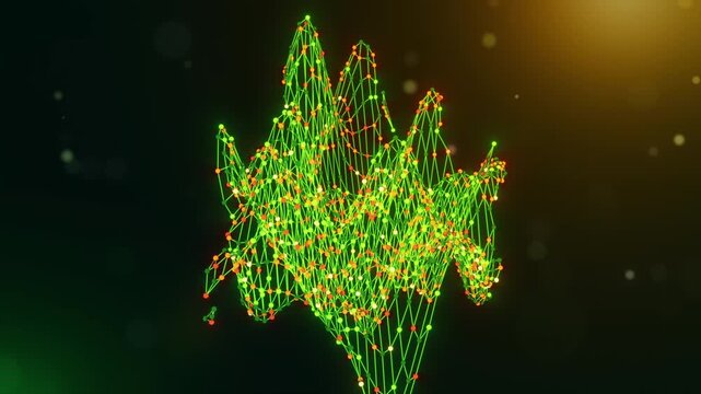 Animated Mauritius map reveal created from neural network nodes and flowing data connections with connected intelligence text on a glowing green yellow orange technology background.