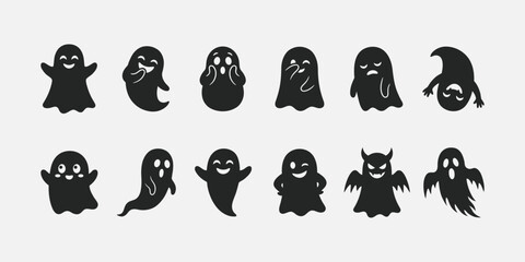 Obraz premium Cute Halloween Ghost Icon Set, Funny Ghost Silhouette Collection, Spooky Spirit Vector Bundle, Minimal Black Clipart