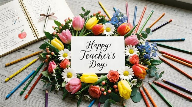 Happy teachers day greeting card with colorful flowers and pencils