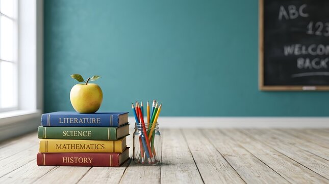 Happy teachers day celebration with books apple and pencils in a classroom