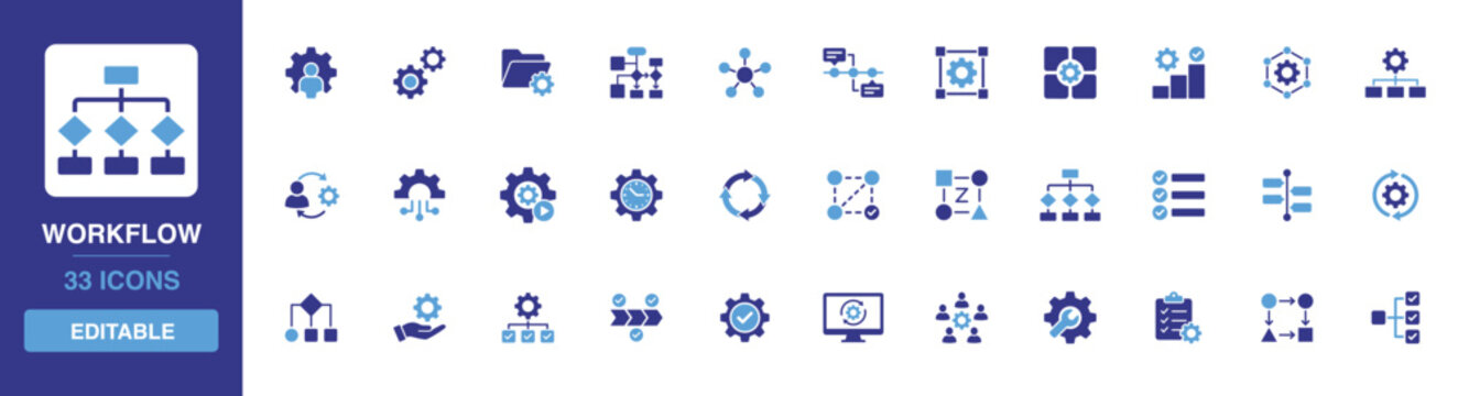 Workflow icon set displaying business process mapping, sequential task management, production flowcharts and system progress glyph designs for presentation.