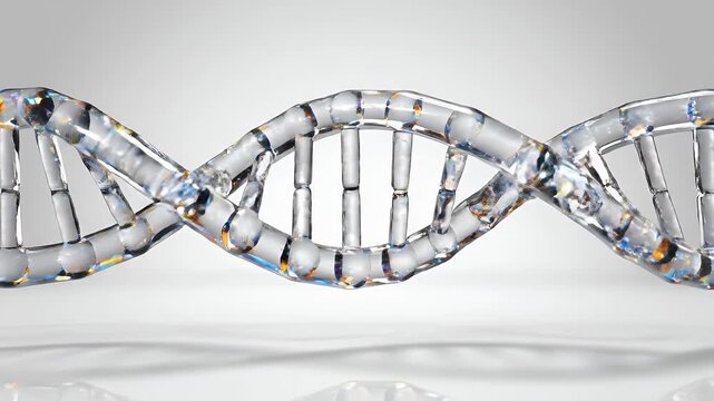 3D render of a transparent glass DNA double helix structure on a light gray background, symbolizing genetics and biotechnology