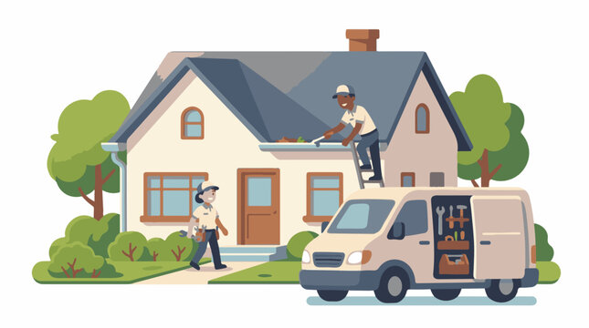 Two workers repairing a house roof with van