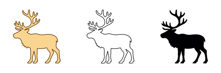 Set of three reindeer icons in different styles: colored, outline, and silhouette © Ophelia