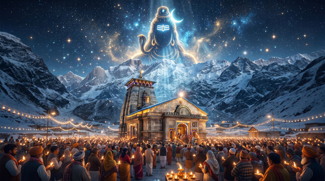 Devotees Gathering at Himalayan Shiva Temple Under Divine Lord Shiva for Spiritual Festival Banner