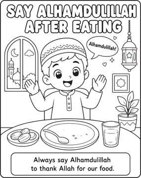 Islamic manners illustration of a boy saying alhamdulillah after eating coloring book style