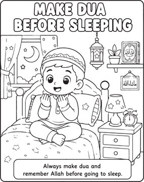 Islamic bedtime routine illustration with child making dua coloring book style
