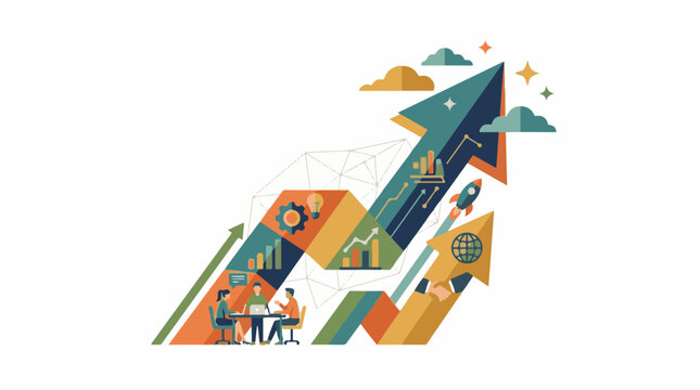 Colorful vector graphic shows business growth and teamwork with charts graphs people