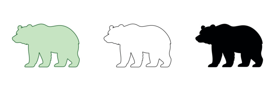 Set of three bear silhouettes in different styles: filled, outline, and solid black