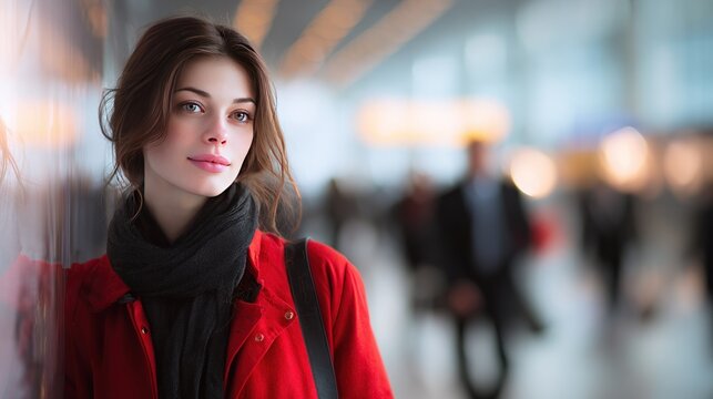 Woman leaning by wall red coat
