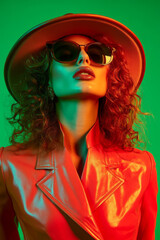 Obraz premium Fashionable Woman in Red Leather Jacket with Sunglasses